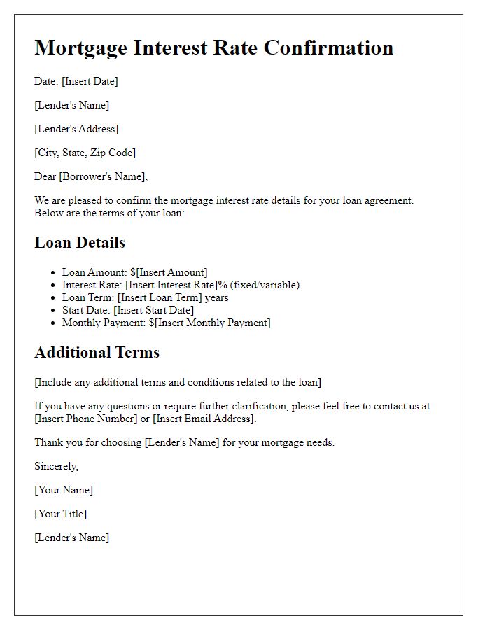 Letter template of detailed mortgage interest rate confirmation for loan agreements.