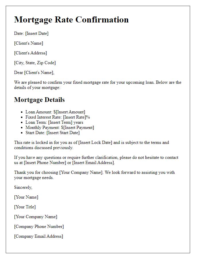 Letter template of fixed mortgage rate confirmation for clients.