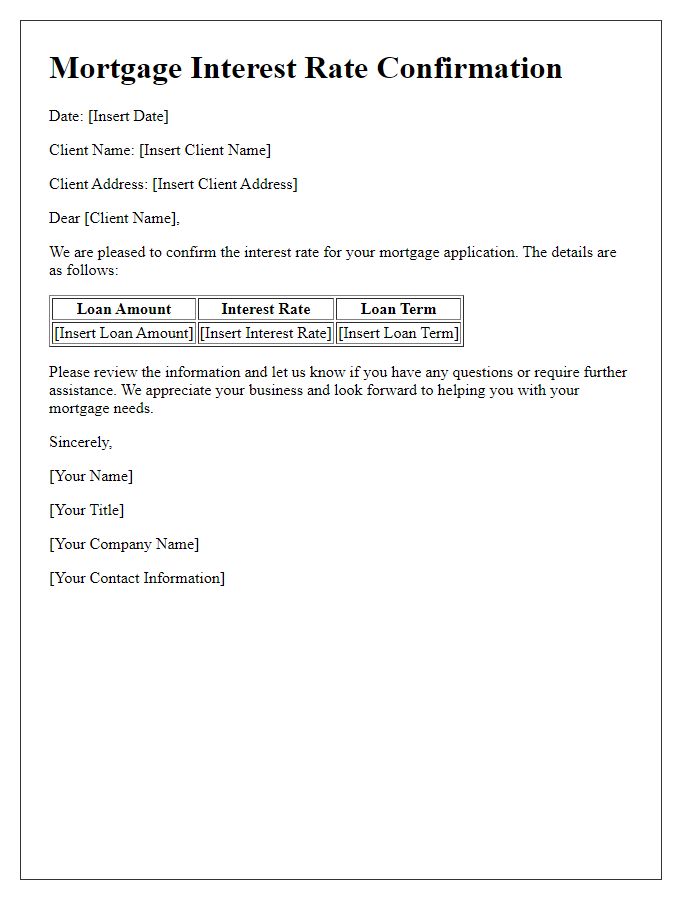 Letter template of mortgage interest rate confirmation for clients.