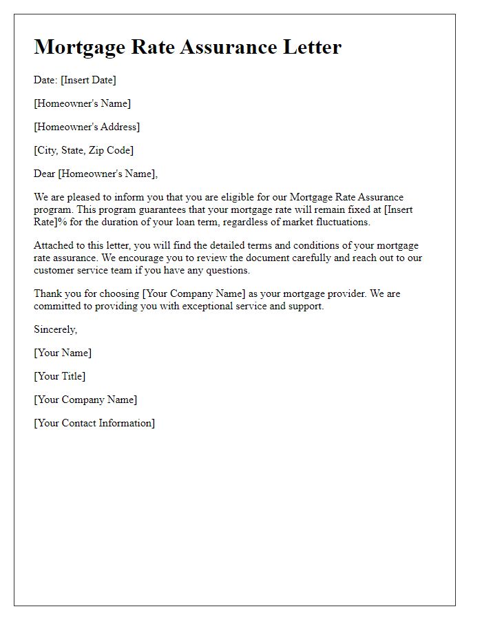 Letter template of mortgage rate assurance for homeowners.