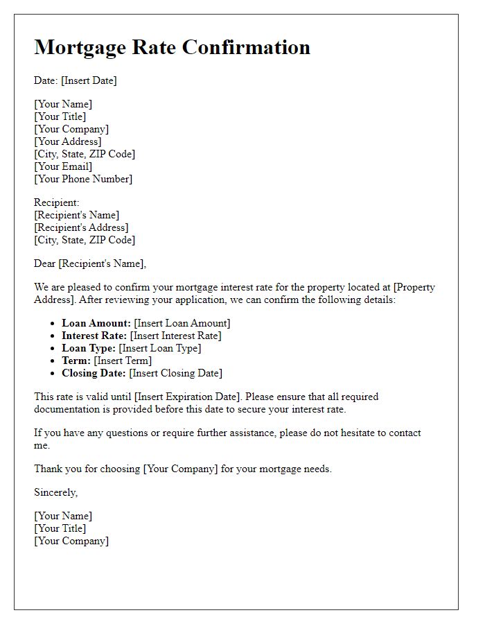 Letter template of official mortgage rate confirmation for real estate transactions.