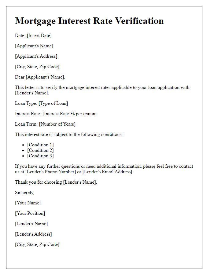 Letter template of verification of mortgage interest rates for applicants.