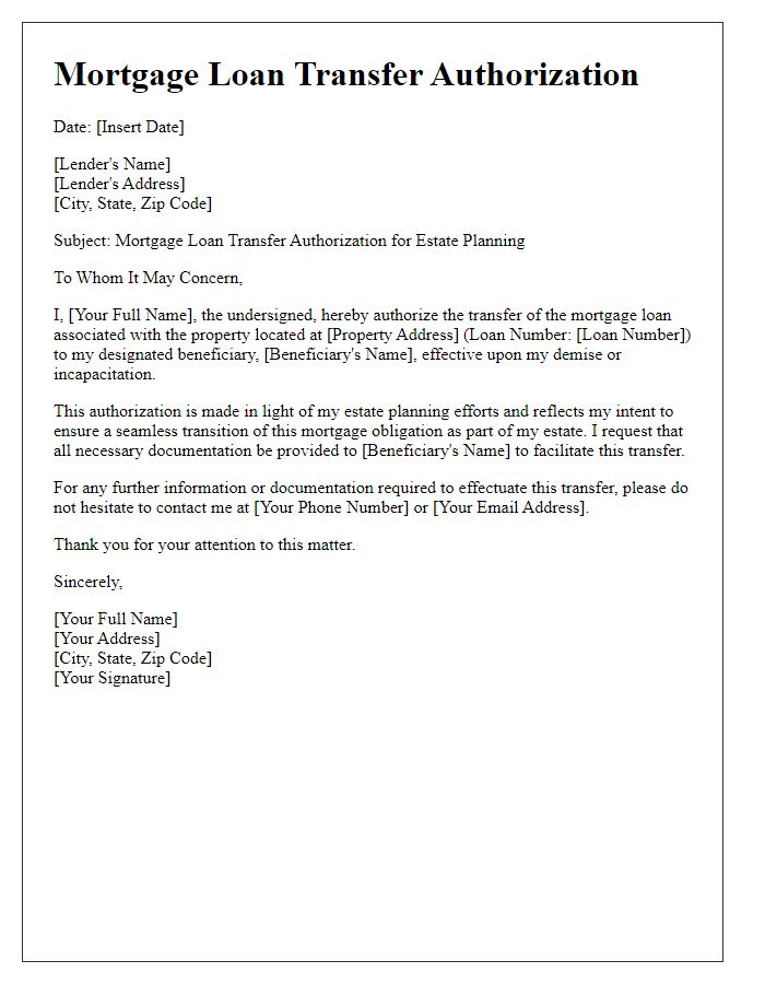 Letter template of mortgage loan transfer authorization for estate planning.