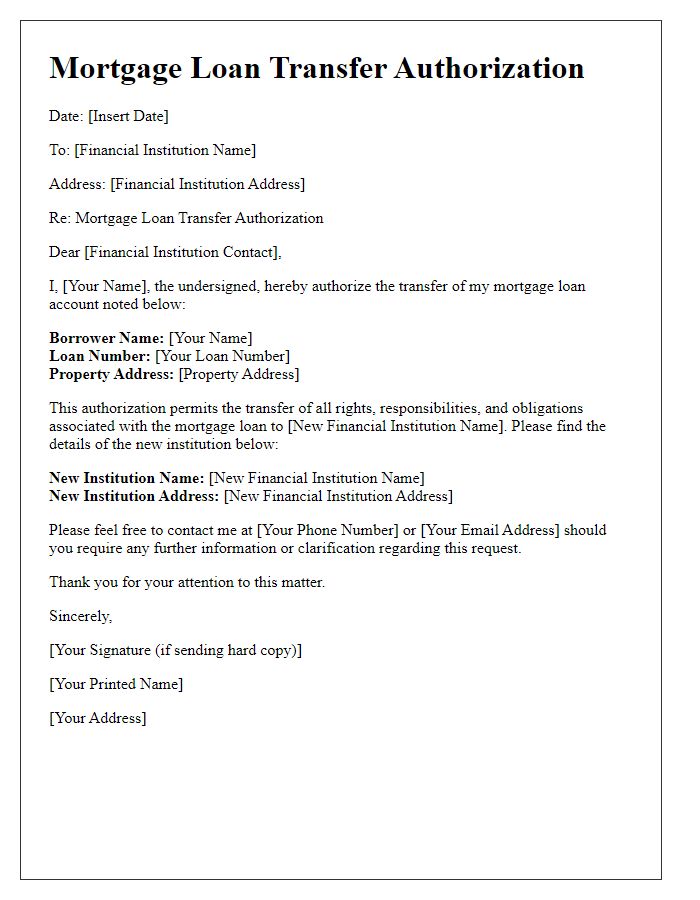 Letter template of mortgage loan transfer authorization for financial institutions.