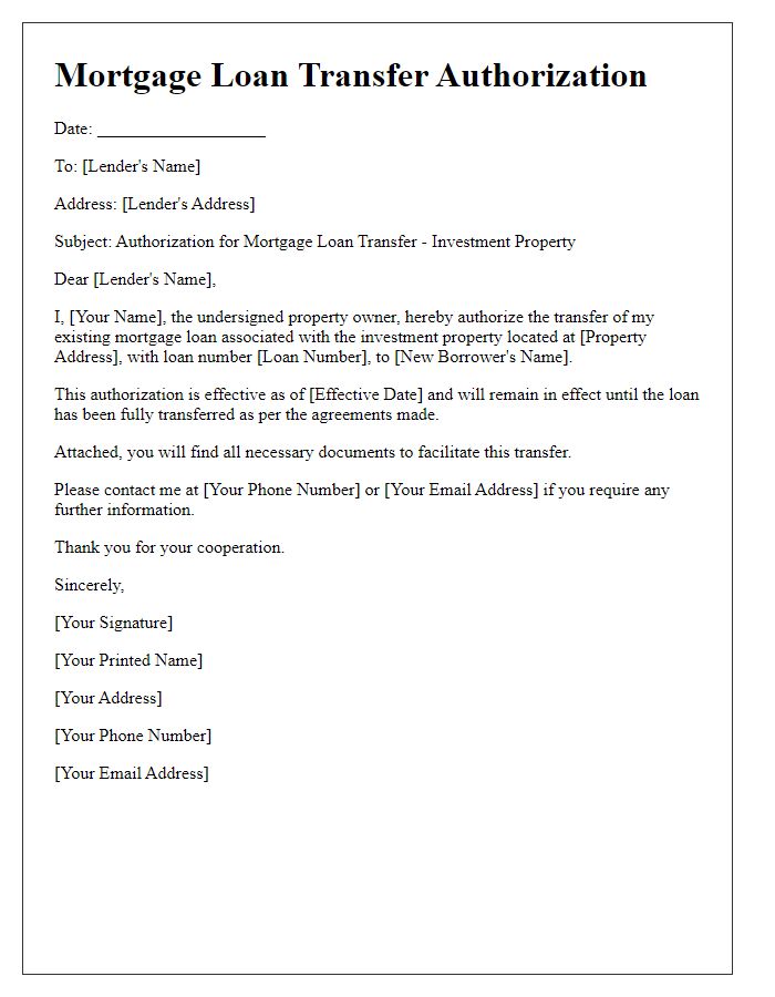 Letter template of mortgage loan transfer authorization for investment properties.