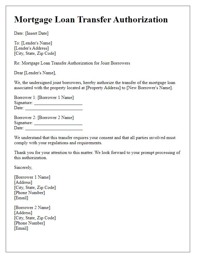 Letter template of mortgage loan transfer authorization for joint borrowers.