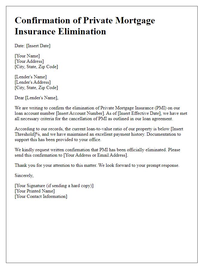 Letter template of confirmation for private mortgage insurance elimination