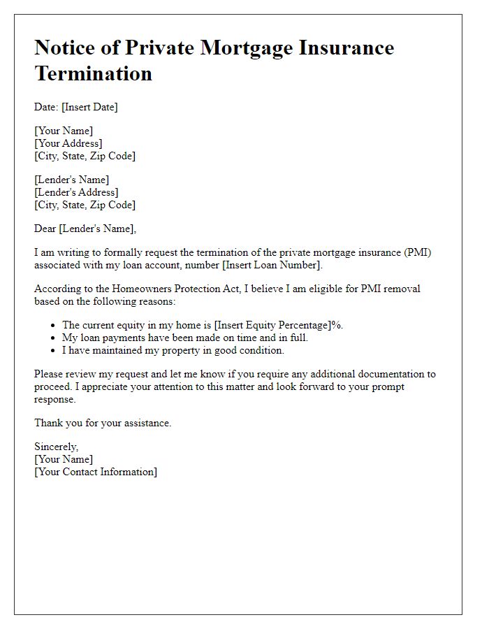 Letter template of notice for private mortgage insurance termination