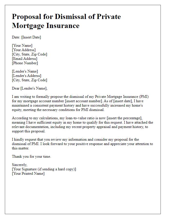 Letter template of proposal for private mortgage insurance dismissal