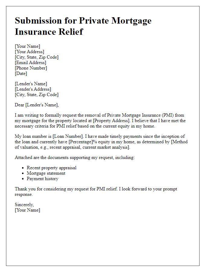 Letter template of submission for private mortgage insurance relief