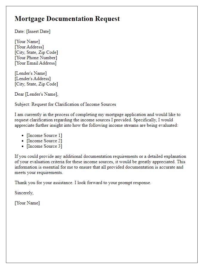 Letter template of mortgage documentation request for clarification of income sources