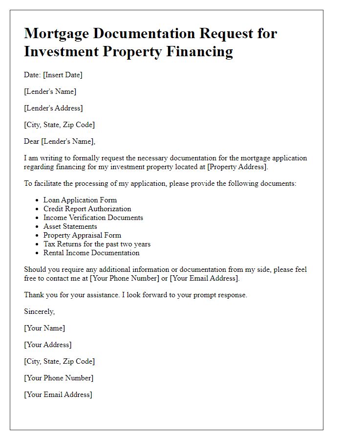 Letter template of mortgage documentation request for investment property financing