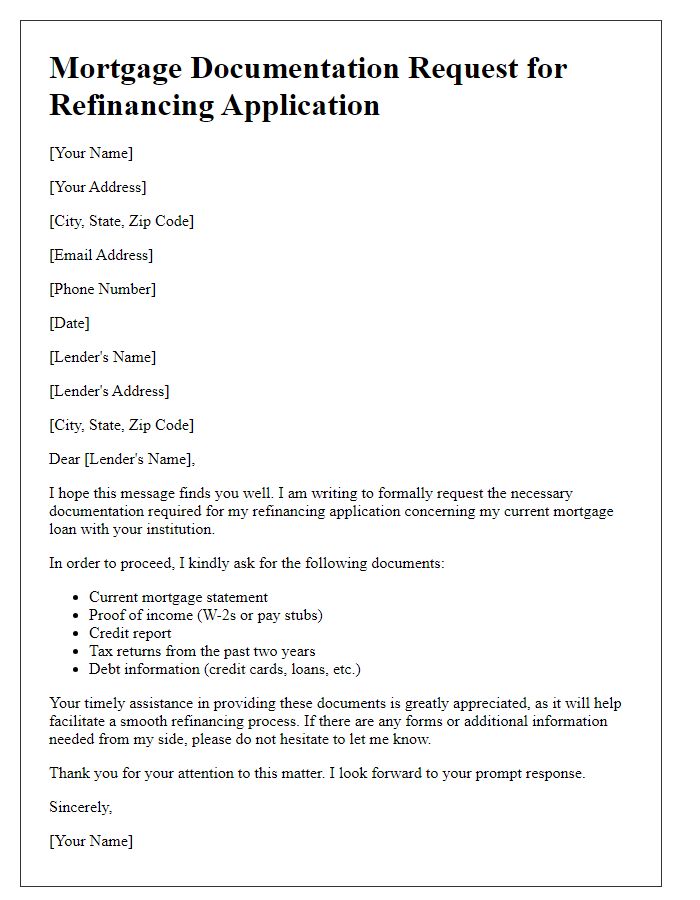 Letter template of mortgage documentation request for refinancing application