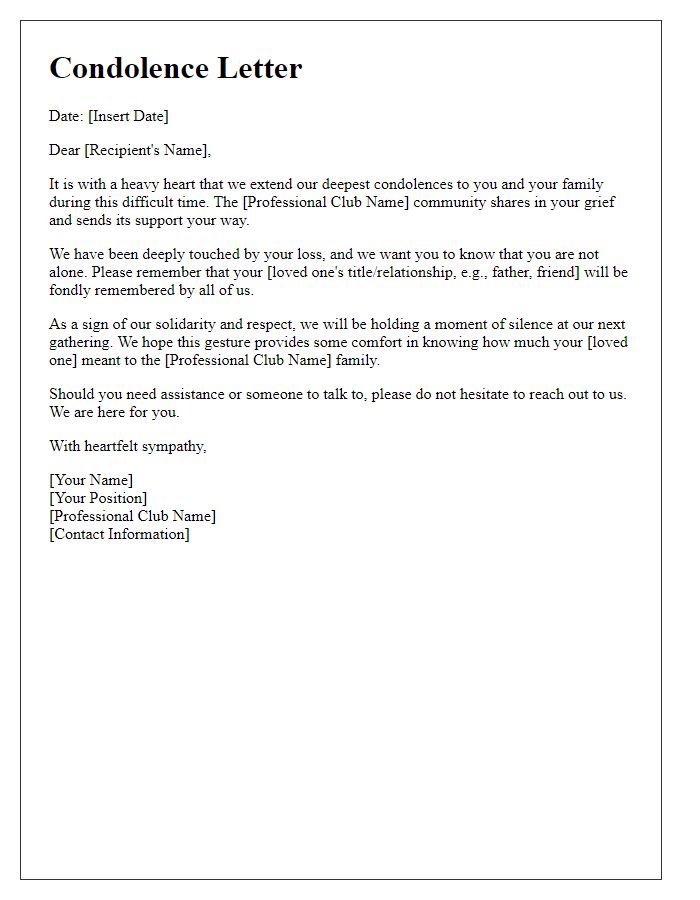 Letter template of condolences and shared grief from the professional club.