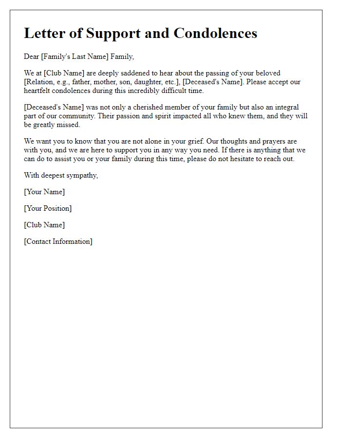 Letter template of support and condolences from the professional club to grieving family.