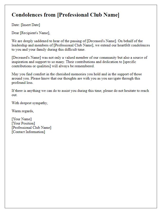 Letter template of thoughtful condolences from the professional club leadership.