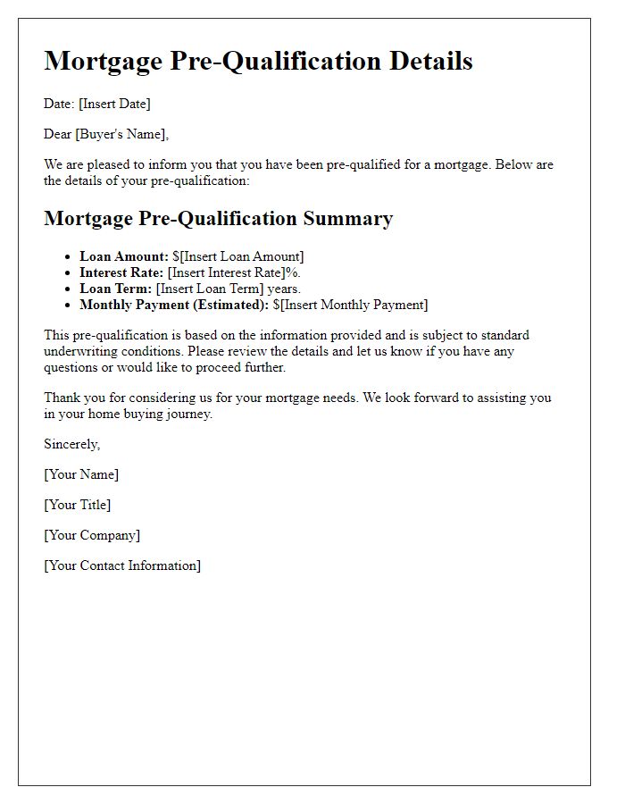 Letter template of mortgage pre-qualification details for interested buyers