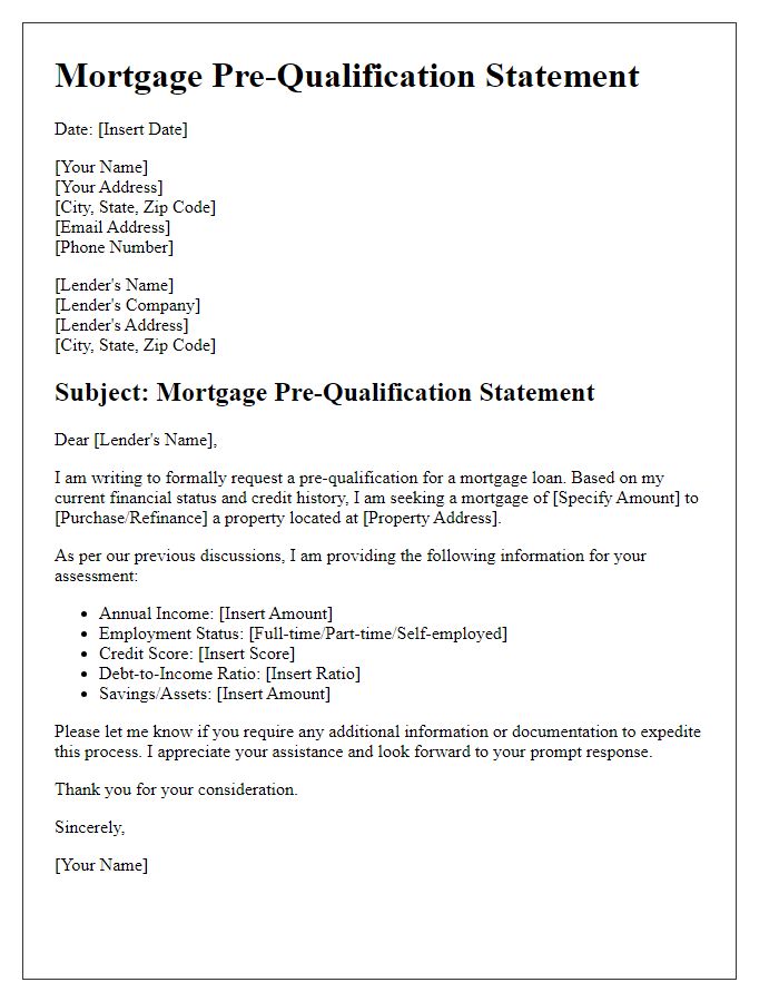 Letter template of mortgage pre-qualification statement for credit assessment