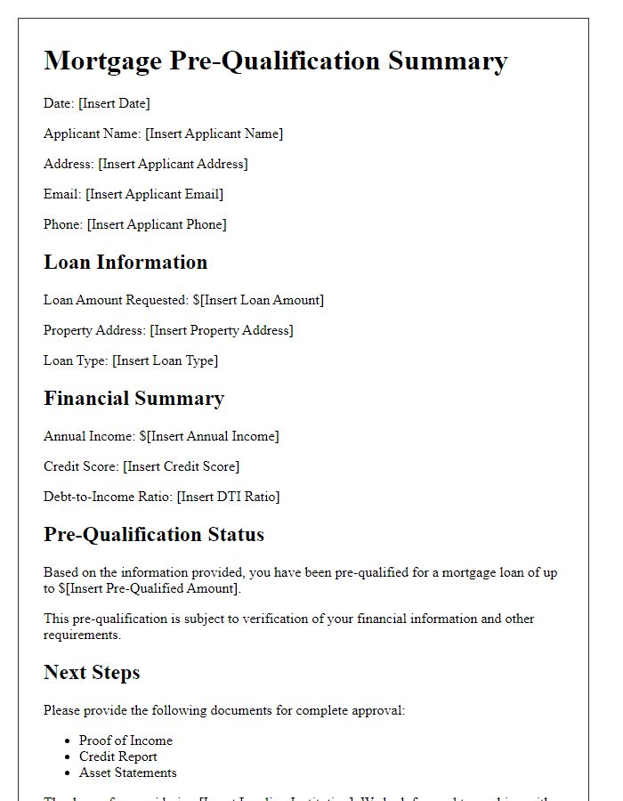 Letter template of mortgage pre-qualification summary for loan applicants