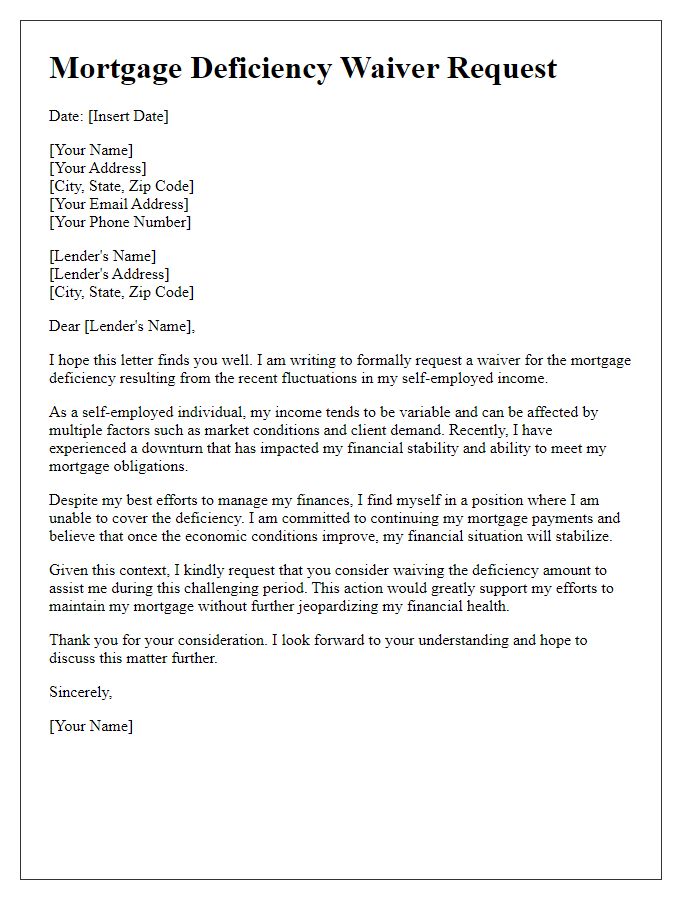 Letter template of mortgage deficiency waiver request for self-employed income fluctuation.