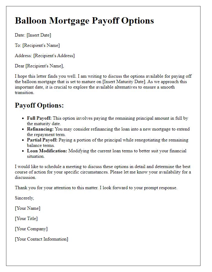 Letter template of balloon mortgage payoff options discussion