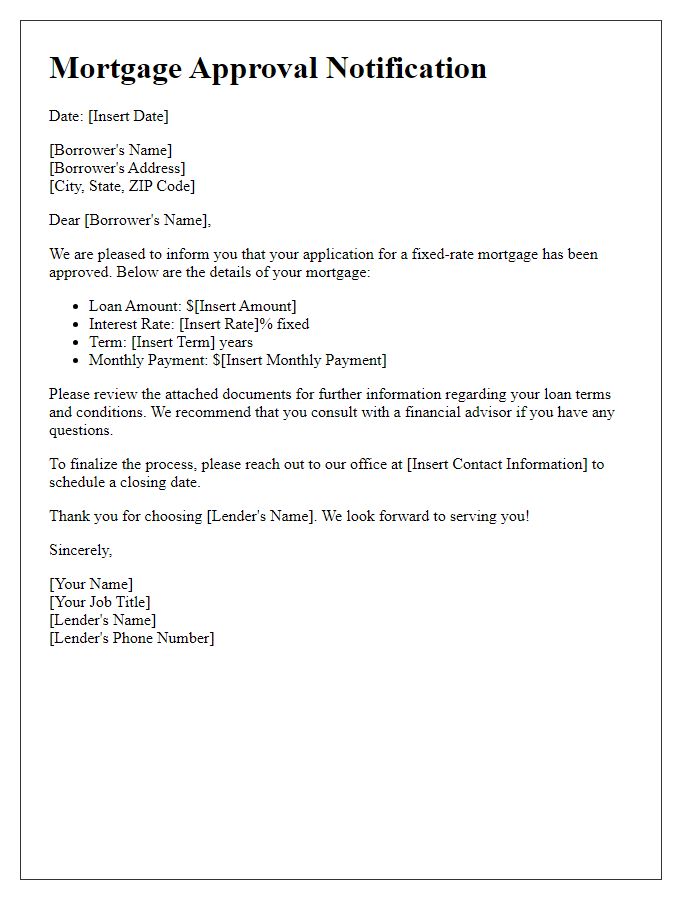 Letter template of fixed rate mortgage approval notification