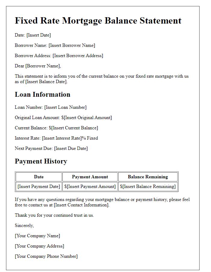 Letter template of fixed rate mortgage balance statement