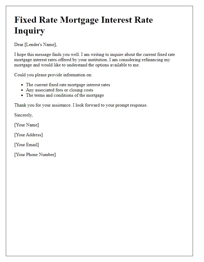 Letter template of fixed rate mortgage interest rate inquiry