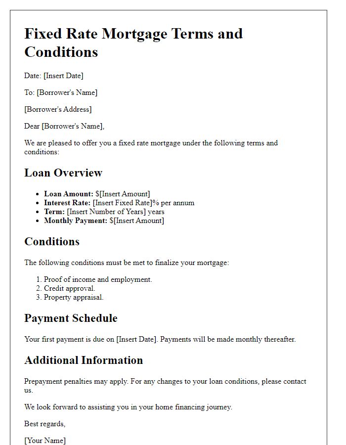 Letter template of fixed rate mortgage terms and conditions