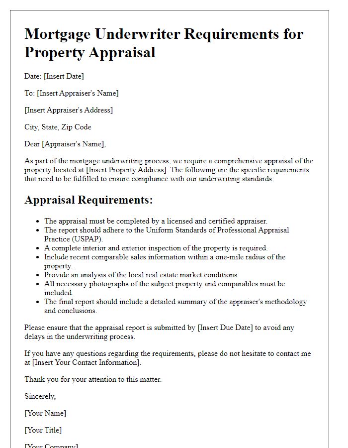 Letter template of mortgage underwriter requirements for property appraisal.