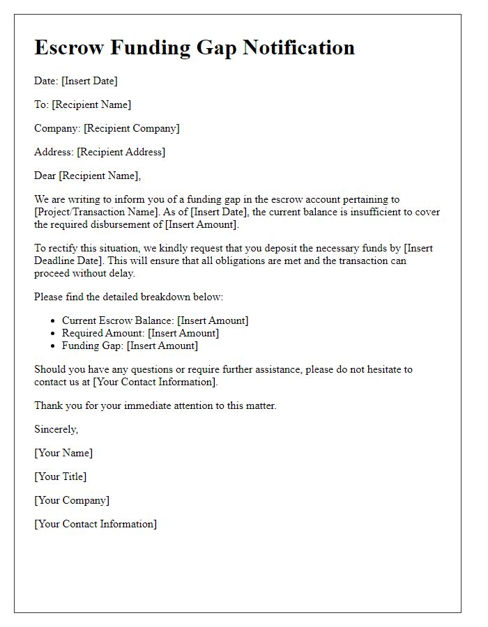 Letter template of Escrow Funding Gap Notification