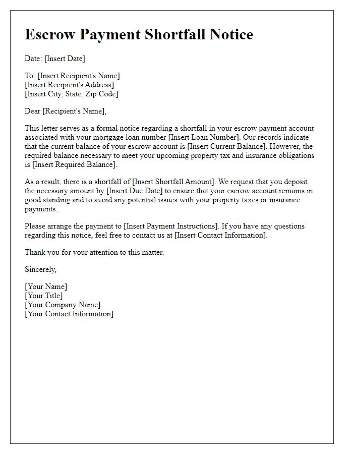 Letter template of Escrow Payment Shortfall Notice