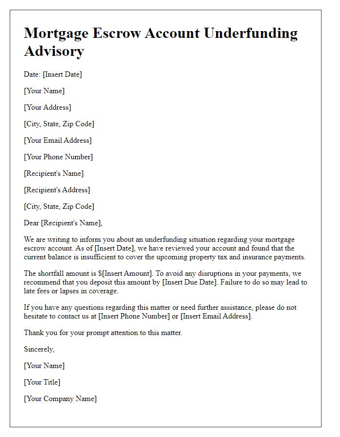 Letter template of Mortgage Escrow Account Underfunding Advisory