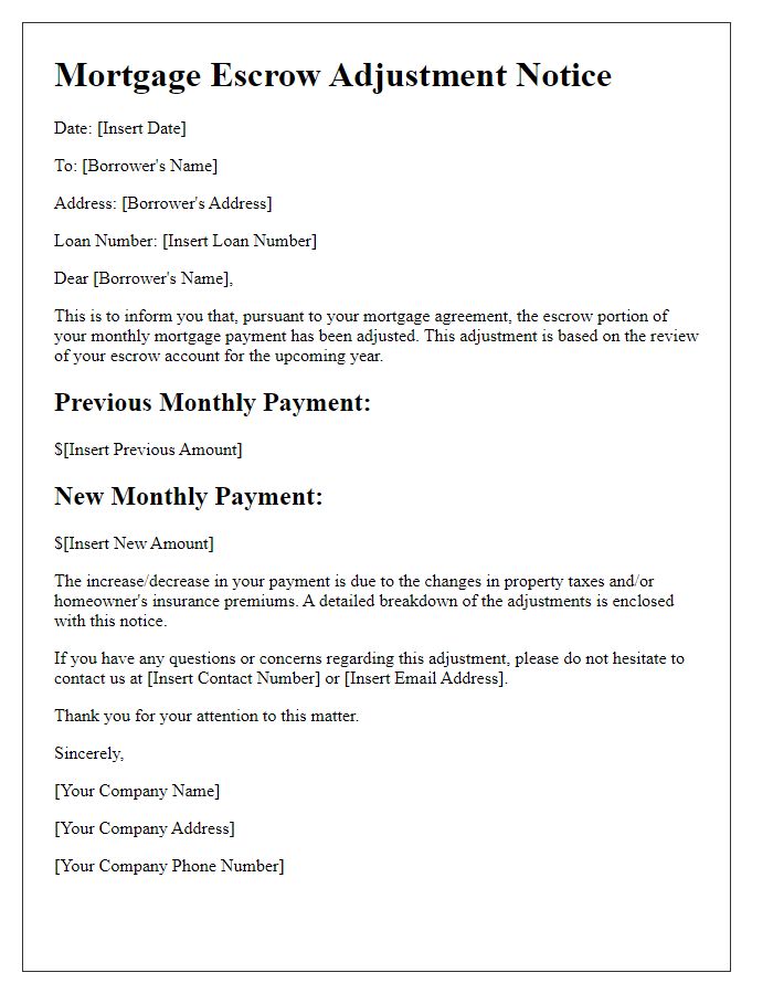 Letter template of Mortgage Escrow Adjustment Notice