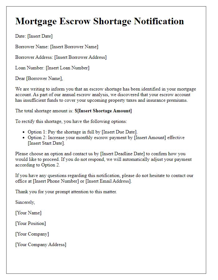 Letter template of Mortgage Escrow Shortage Notification