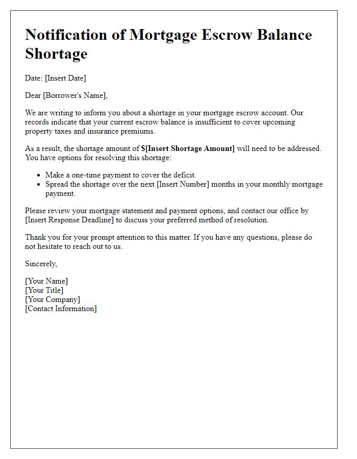 Letter template of Notification for Mortgage Escrow Balance Shortage