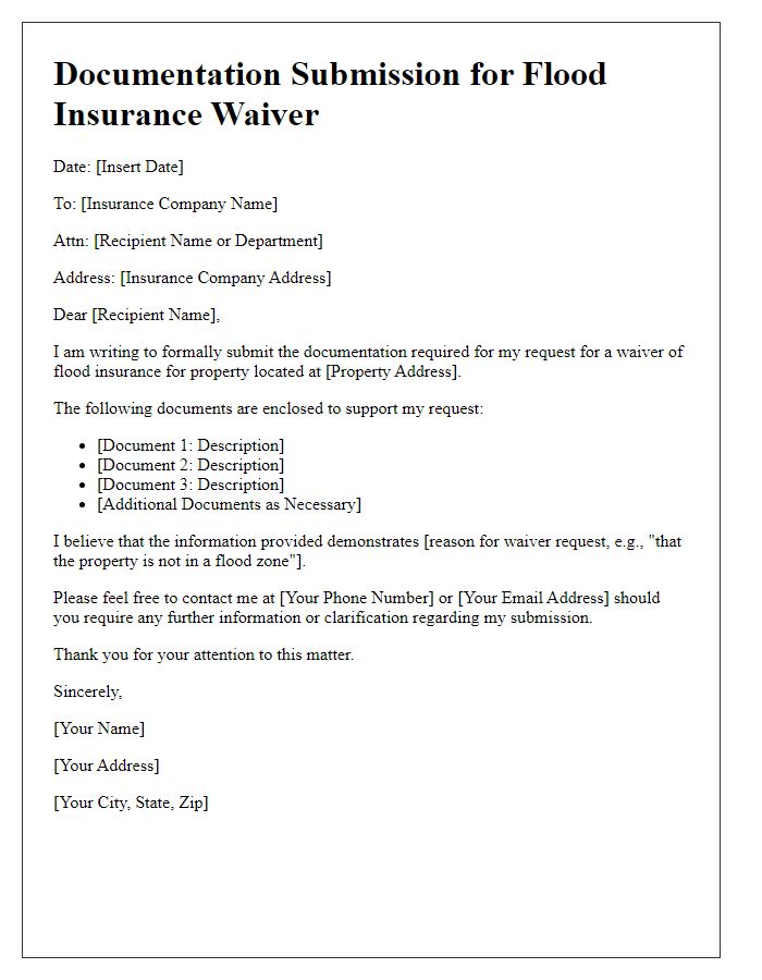 Letter template of documentation submission for flood insurance waiver.