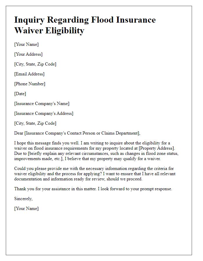 Letter template of inquiry regarding flood insurance waiver eligibility.