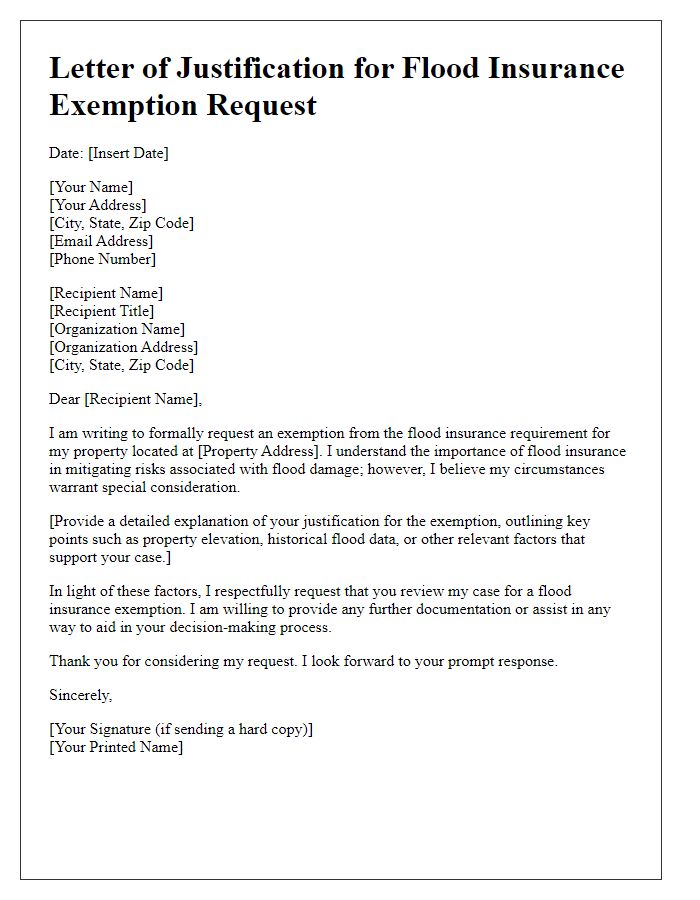 Letter template of justification for flood insurance exemption request.