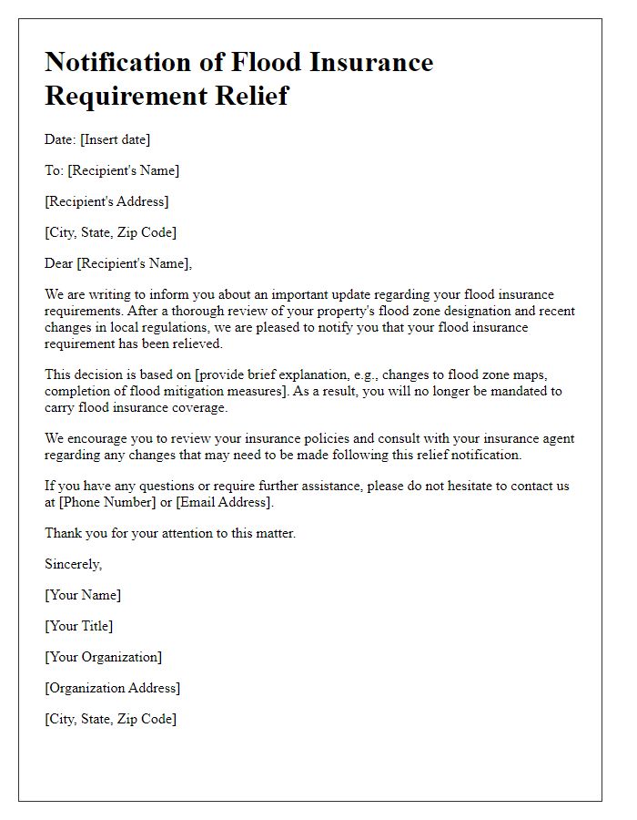 Letter template of notification for flood insurance requirement relief.