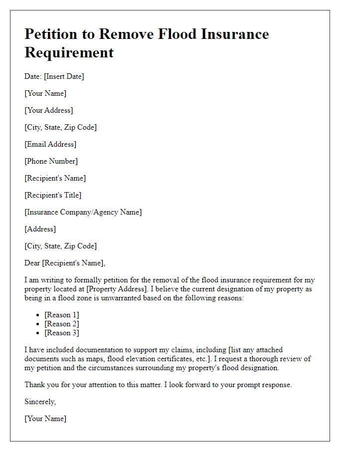 Letter template of petition for flood insurance requirement removal.