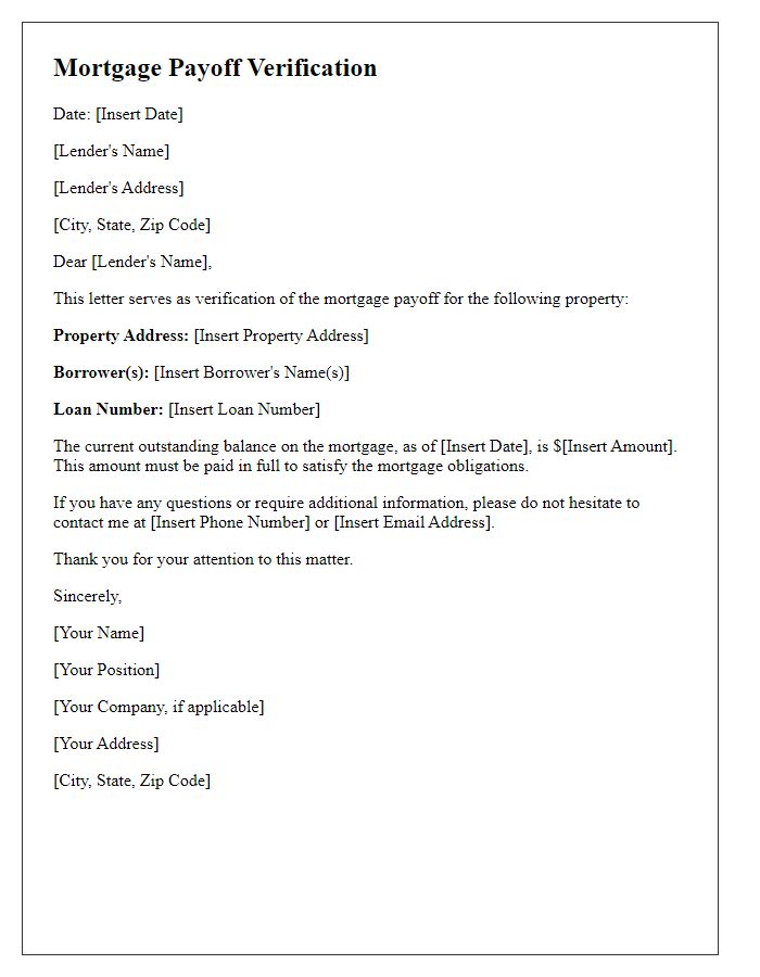 Letter template of mortgage payoff verification for refinancing