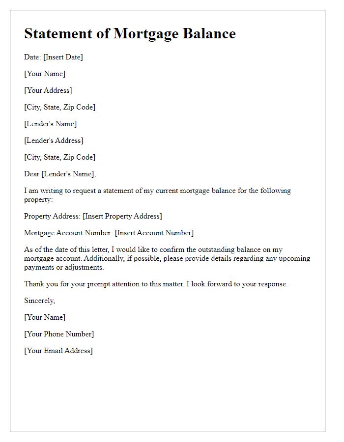 Letter template of statement of mortgage balance