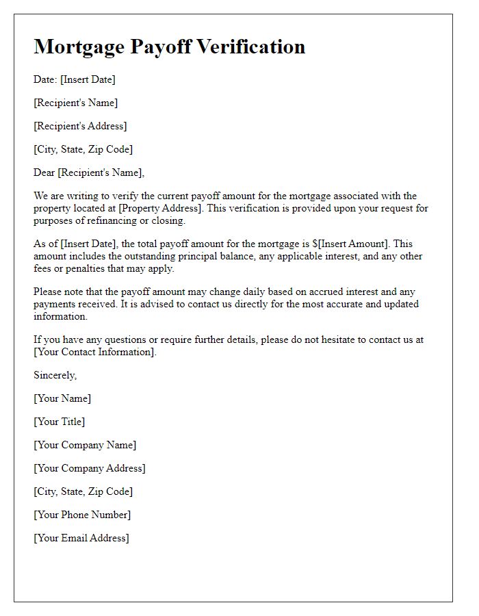 Letter template of verification of mortgage payoff amount