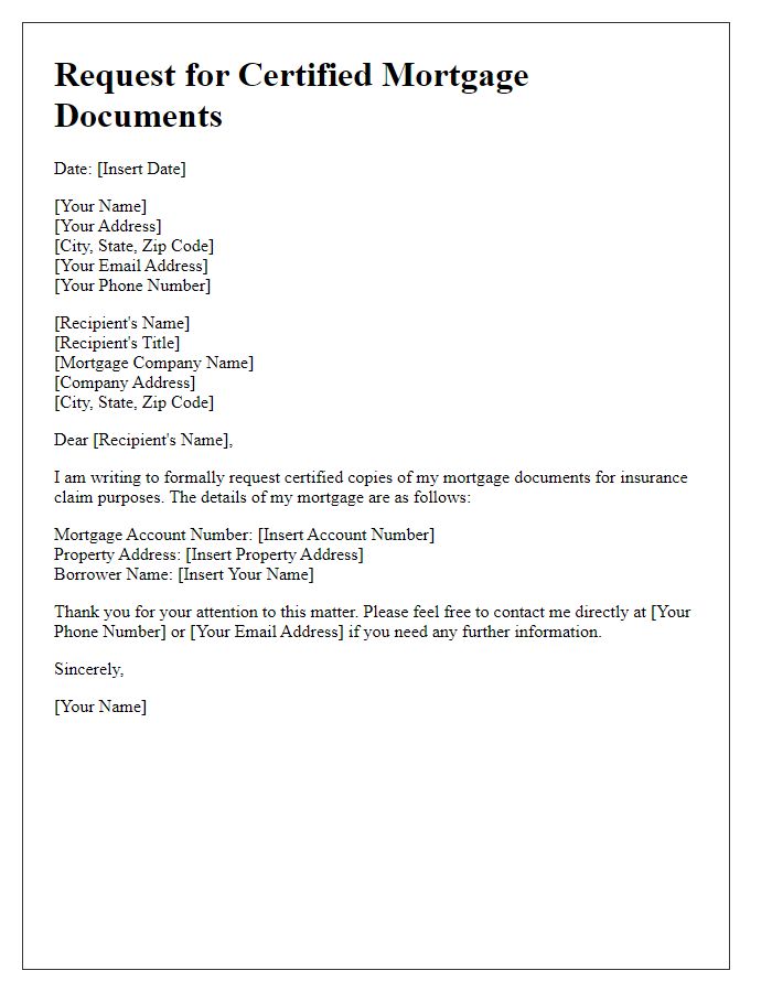 Letter template of request for certified mortgage documents for insurance claims.