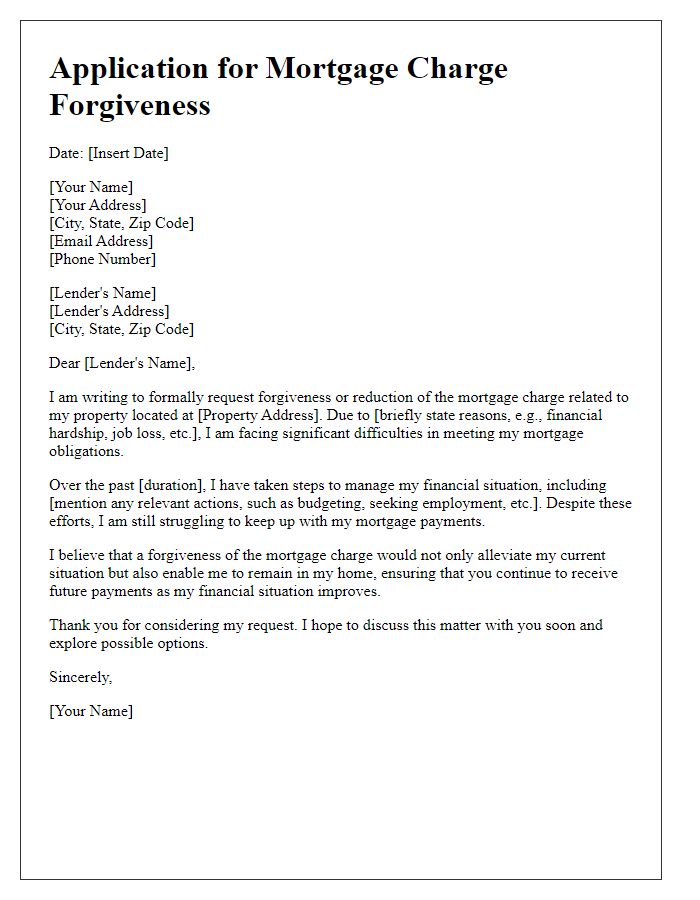 Letter template of application for mortgage charge forgiveness.