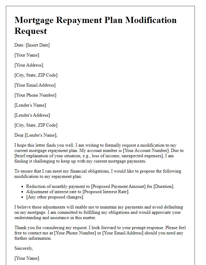 Letter template of mortgage repayment plan modification