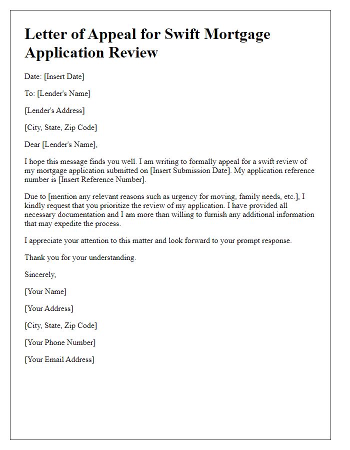 Letter template of appeal for swift mortgage application review