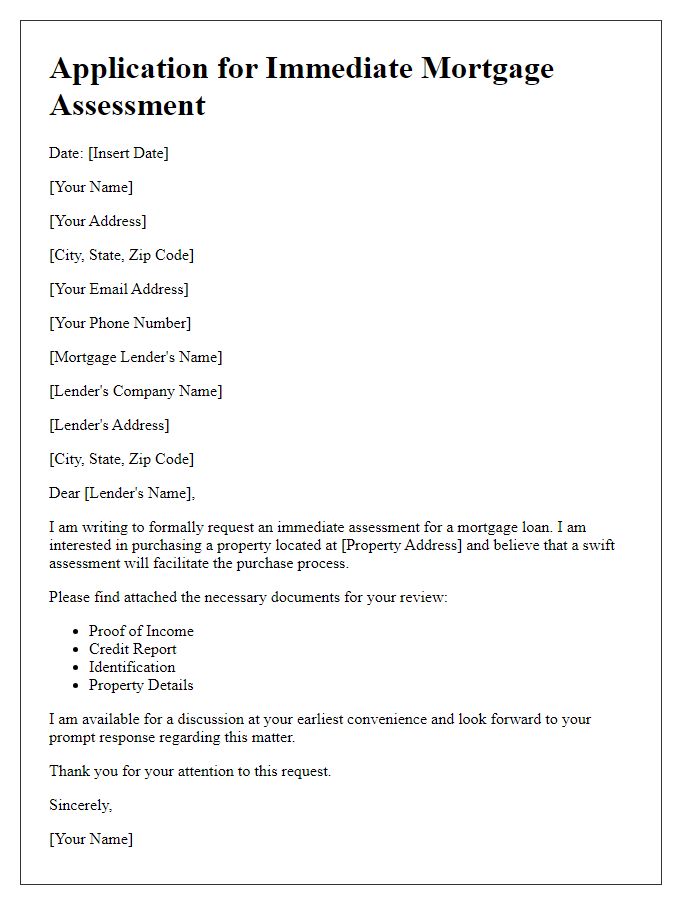 Letter template of application for immediate mortgage assessment