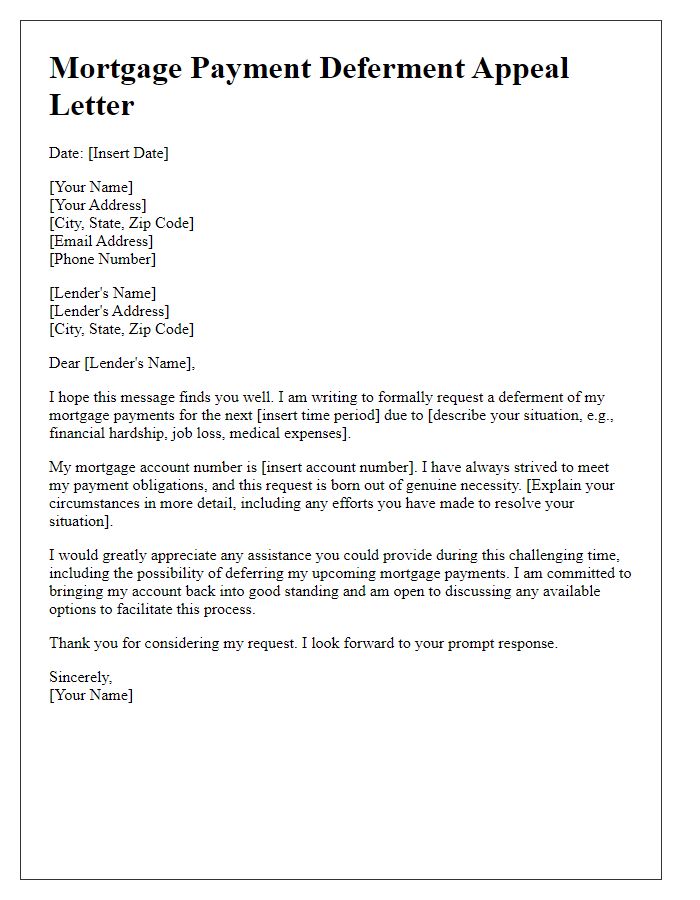 Letter template of appeal for mortgage payment deferment